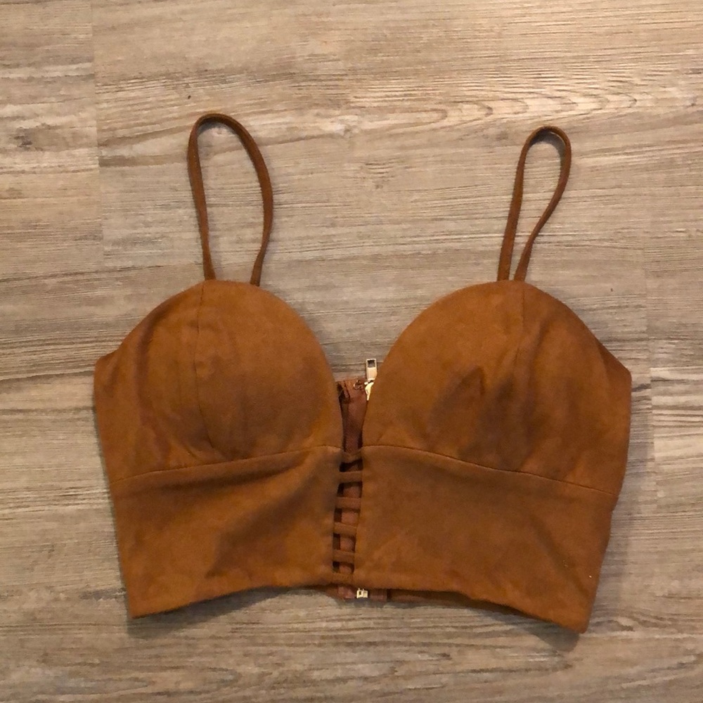 Tan faux suede bustier style top